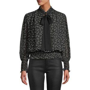 Misa Los Angeles Top M Somer Floral High Neck Chiffon Black White Smocke…